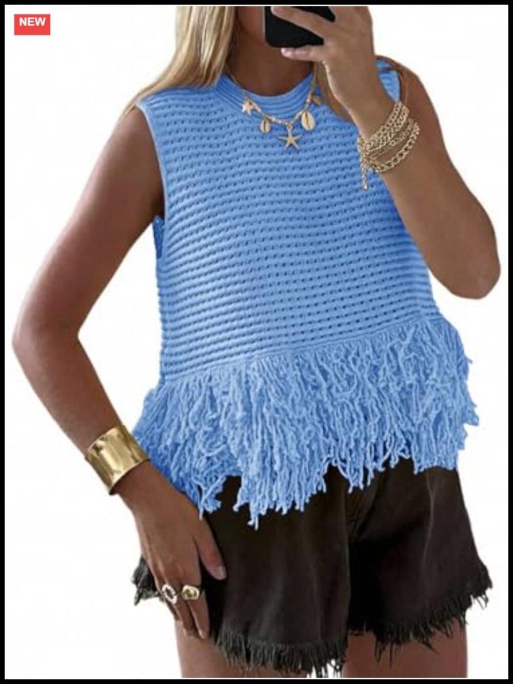 Crochet Fringe Boho Sleeveless Sweater Vest Women's Summer Pointelle Tank Top